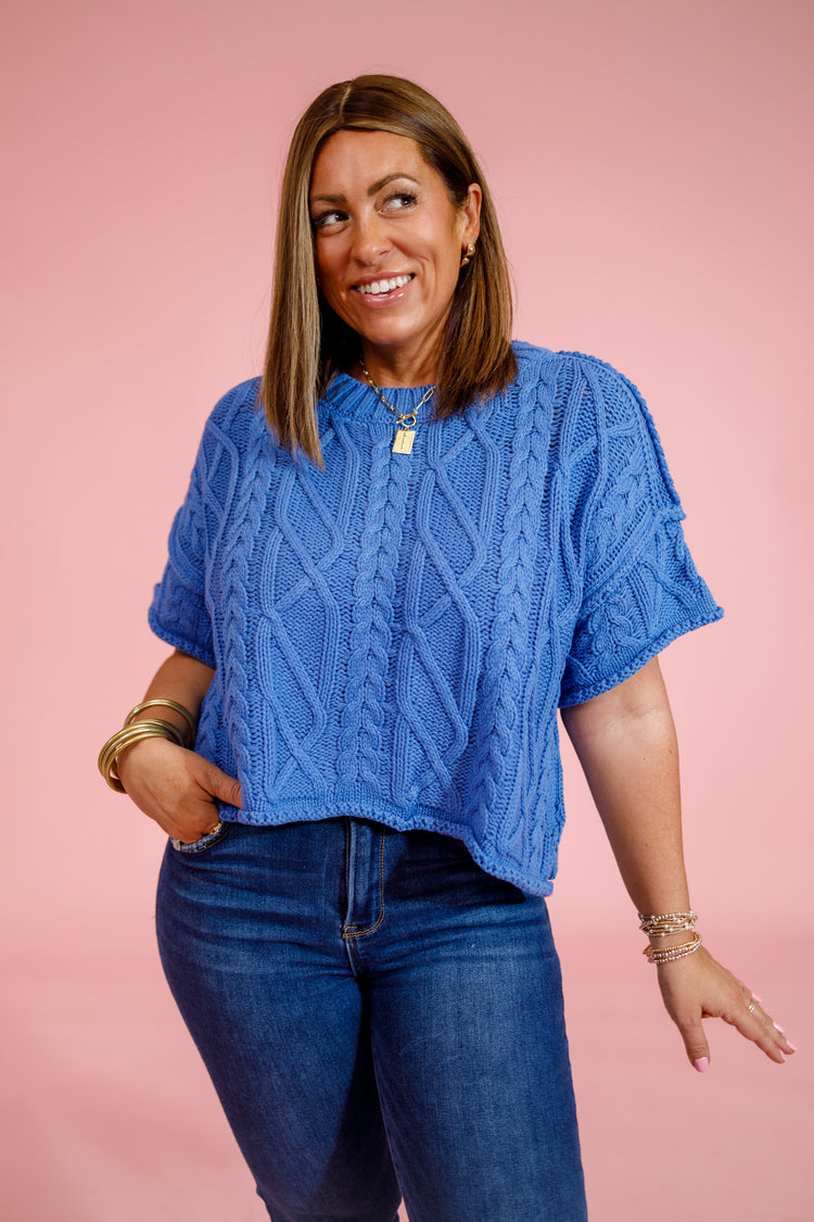 Cable Knit Sweater Top, BLUE Jaxe + Grace Boutique