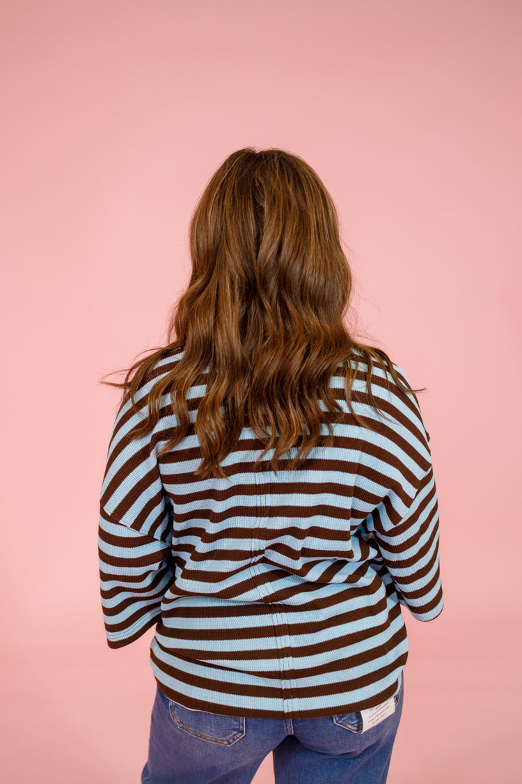 Blue and Brown Stripe Ribbed Texture Top Jaxe + Grace Boutique