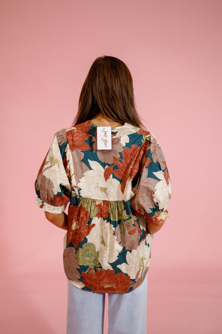 Teal Floral Smock Collar Top Jaxe + Grace Boutique