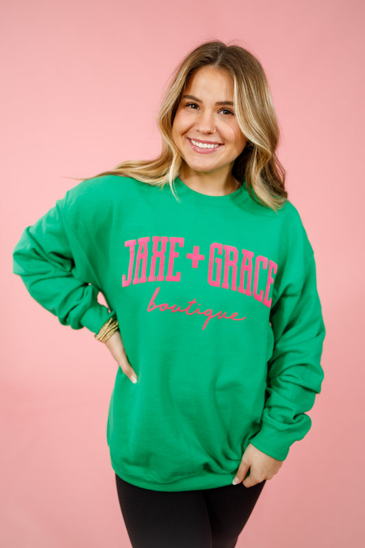 "JAXE + GRACE" Puff Print Sweatshirt, Kelly Green + Hot Pink