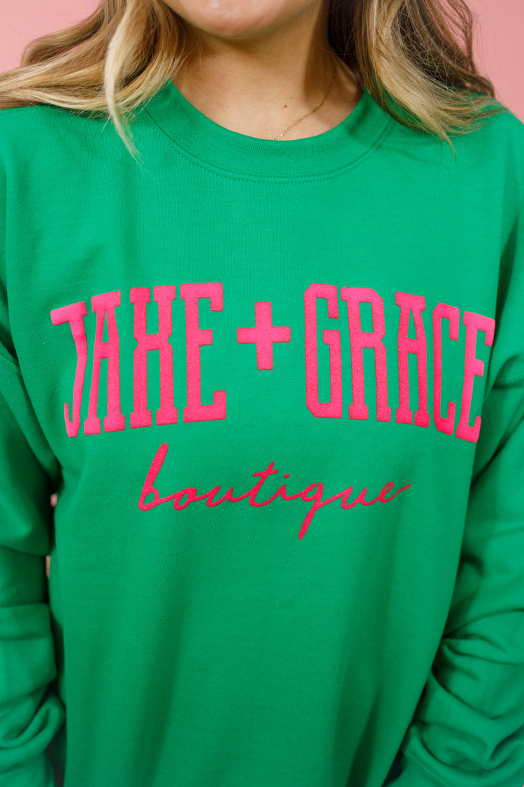 "JAXE + GRACE" Puff Print Sweatshirt, Kelly Green + Hot Pink
