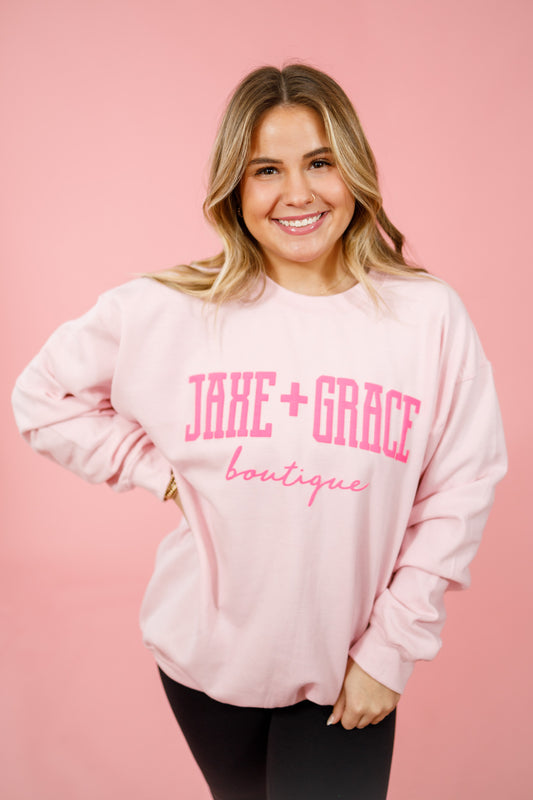 "JAXE + GRACE" Puff Print Sweatshirt, Light Pink + Hot Pink