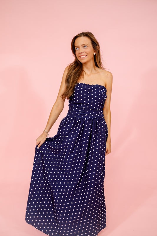 Navy Strapless Polka Dot Dress Jaxe + Grace Boutique