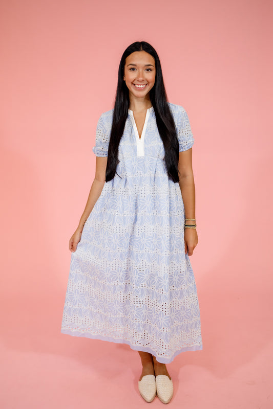 Blue Flower Embroidered Eyelet Midi Dress