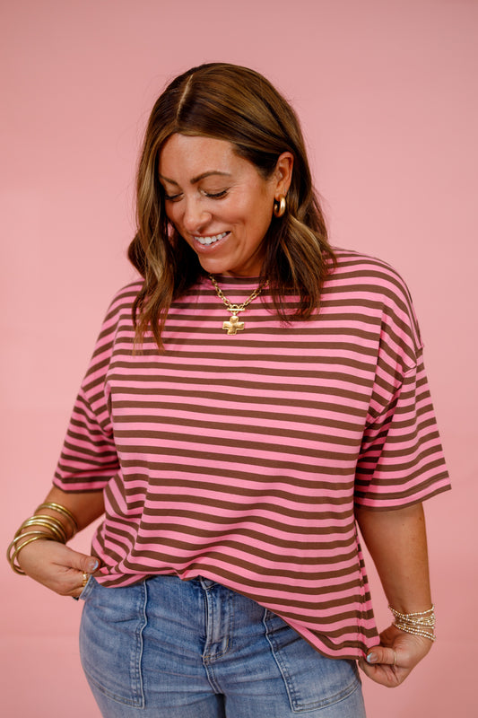Brown and Pink Striped Boxy Top Jaxe + Grace Boutique