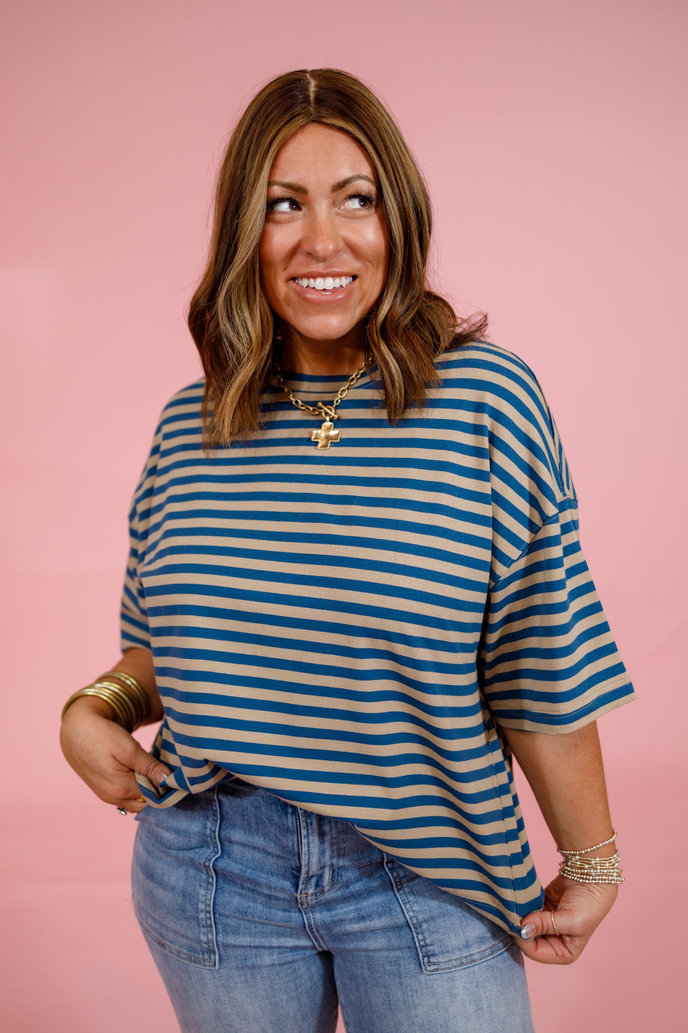 Blue and Tan Striped Boxy Top Jaxe + Grace Boutique