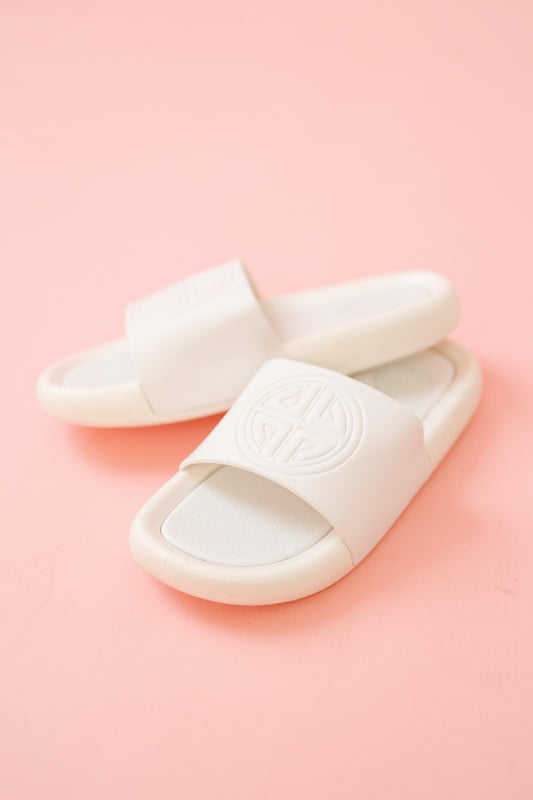 White Emblem Cushioned Slides
