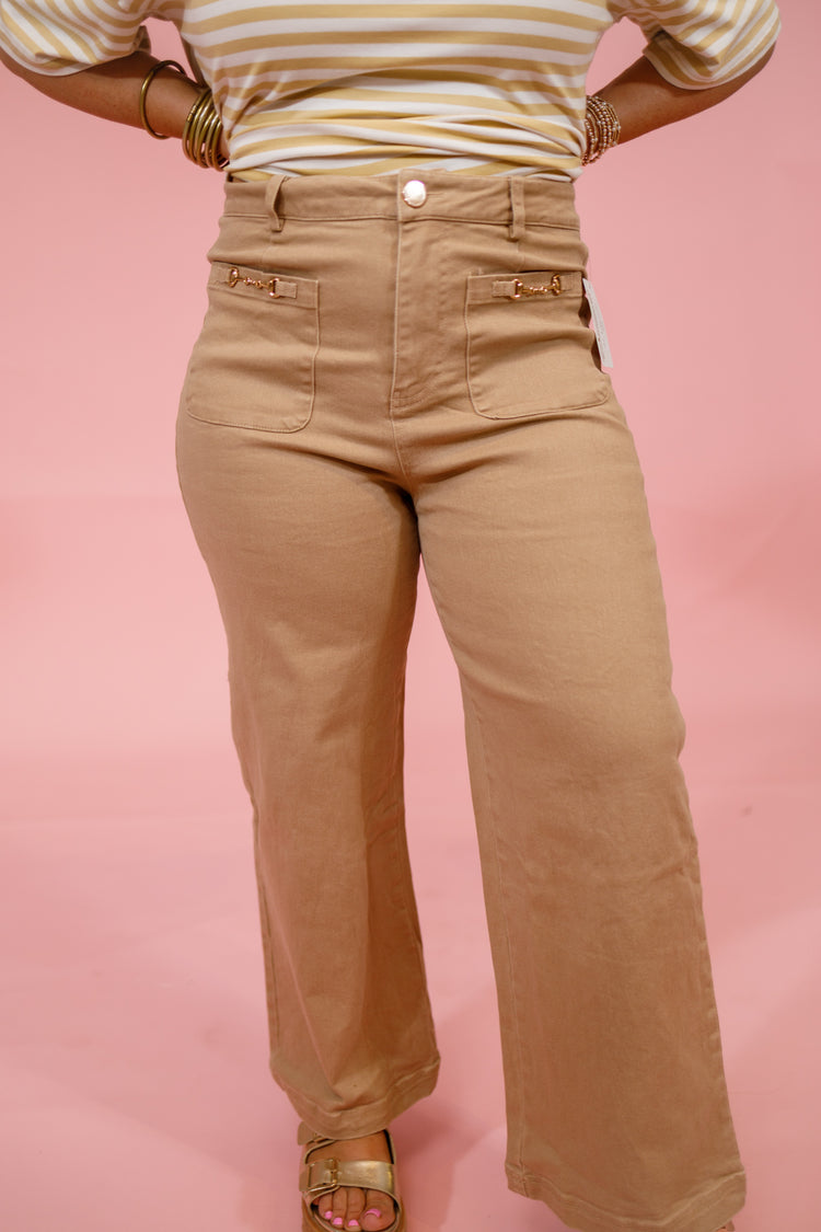 Camel Washed Hardware Detail Pants Jaxe + Grace Boutique