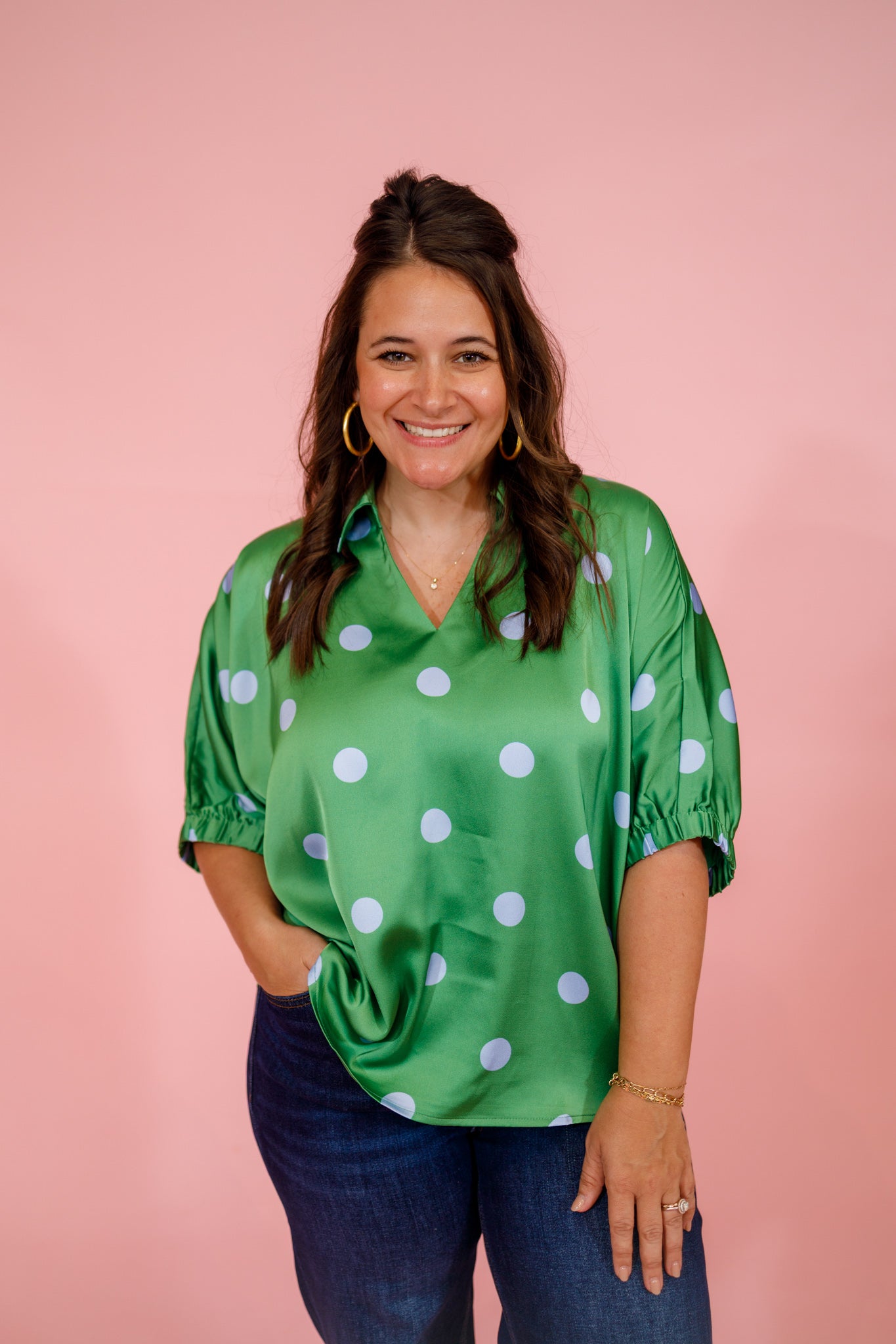 Green Satin Polka Dot Top Jaxe + Grace Boutique