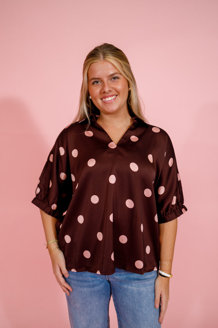 Burgundy Satin Polka Dot Top Jaxe + Grace Boutique