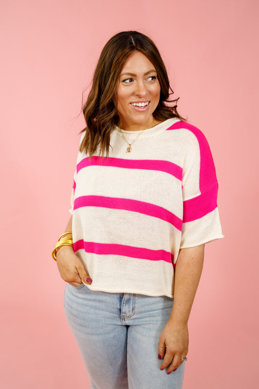 Striped Short Sleeve Sweater Top, FUCHSIA