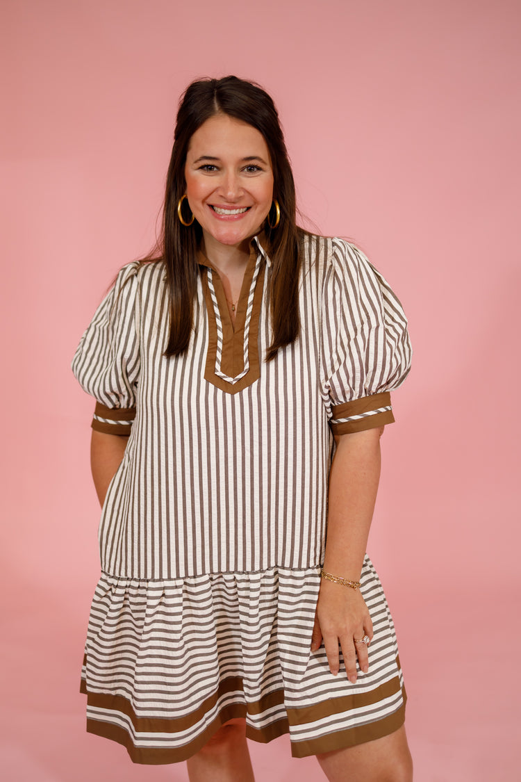 Mocha Stripe Ruffle Hem Dress Jaxe + Grace Boutique