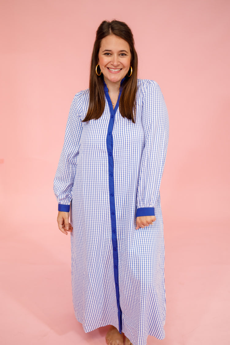 Blue Gingham Button Down Midi Dress Jaxe + Grace Boutique