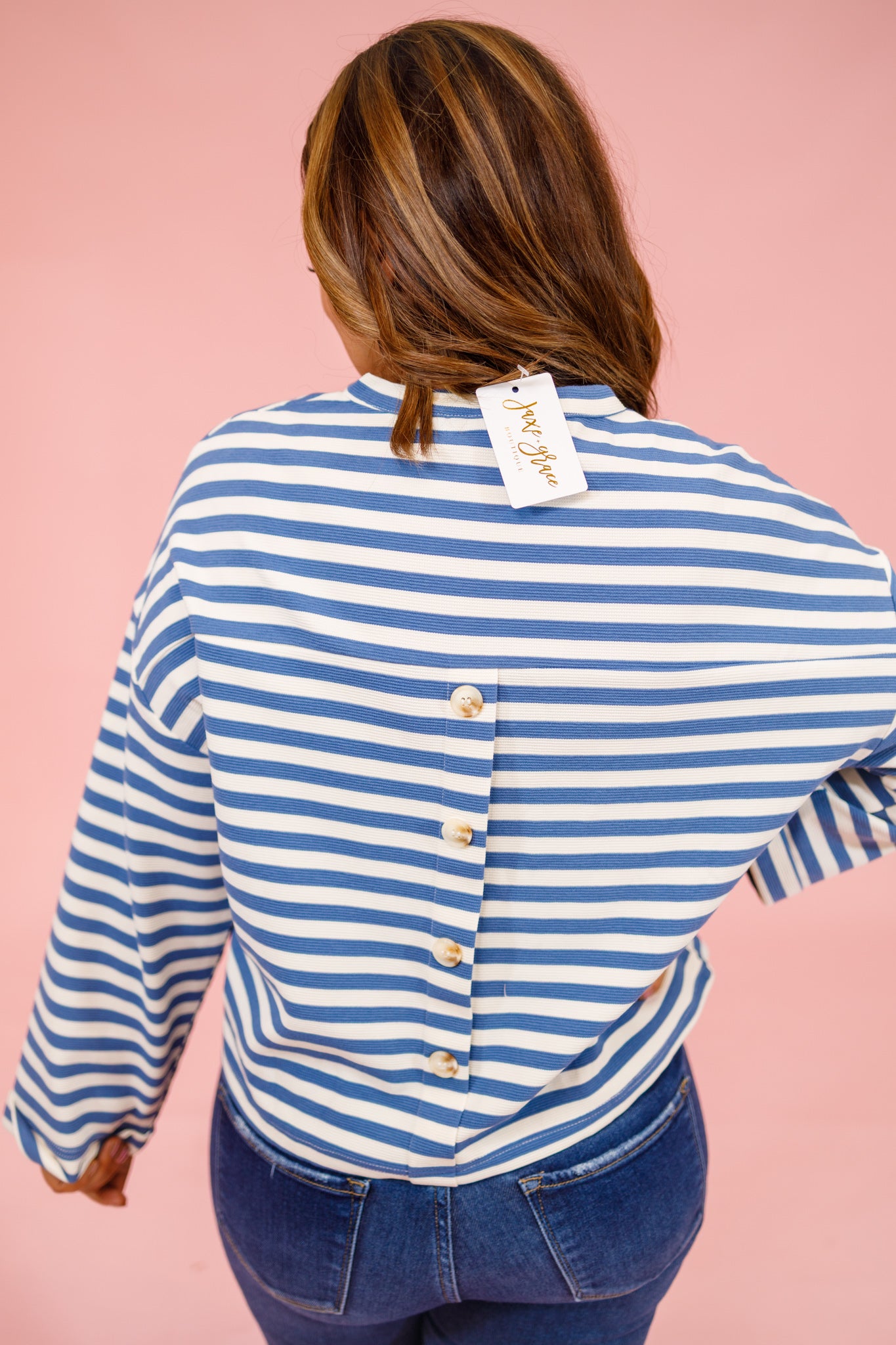 Blue Stripe Split Neck Top Jaxe + Grace Boutique
