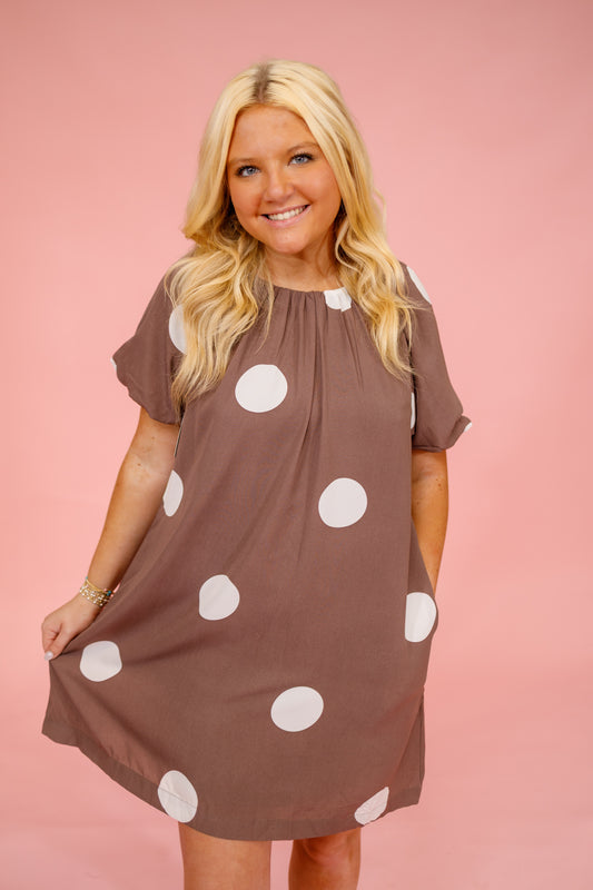 Brown Polka Dot Puff Sleeve Dress Jaxe + Grace Boutique