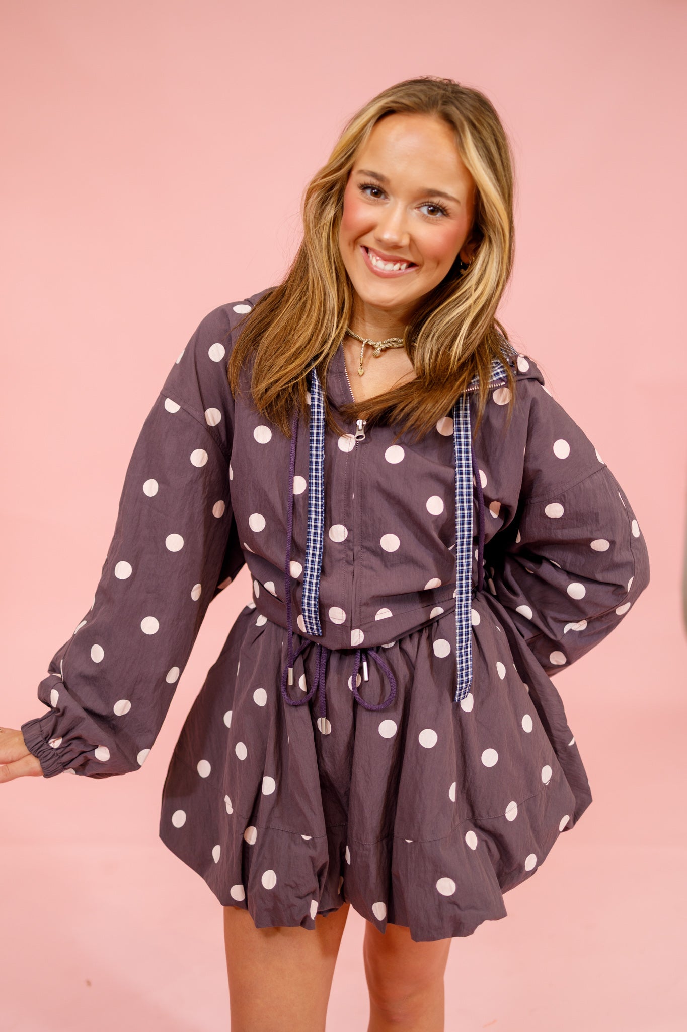 Purple Polka Dot Skirt and Jacket Set Jaxe + Grace Boutique