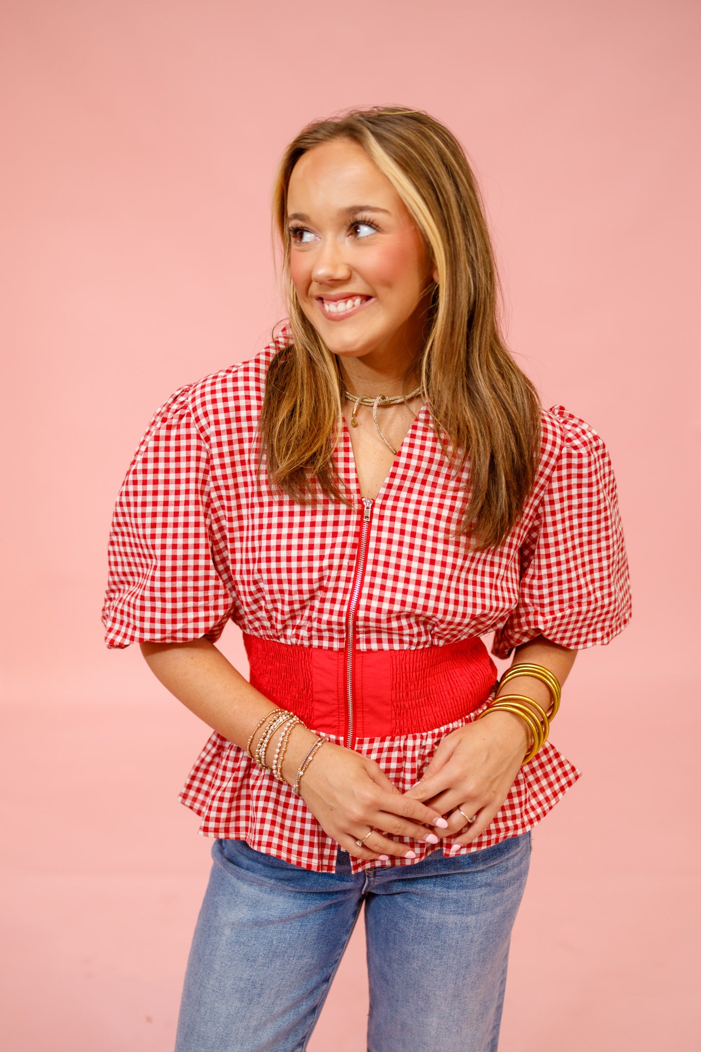 Red Gingham Front Zip Smock Top Jaxe + Grace Boutique