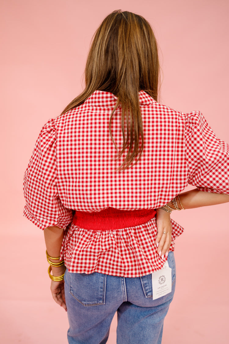 Red Gingham Front Zip Smock Top Jaxe + Grace Boutique