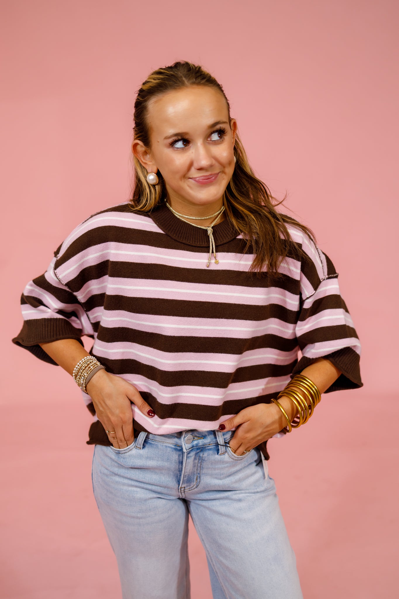Pink and Brown Stripe Boxy Sweater Top Jaxe + Grace Boutique