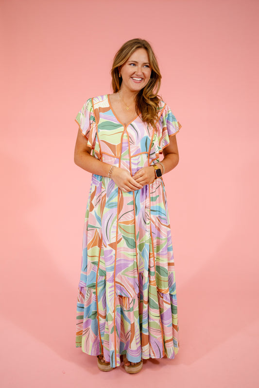 Piping Detail Flutter Sleeve Midi Dress