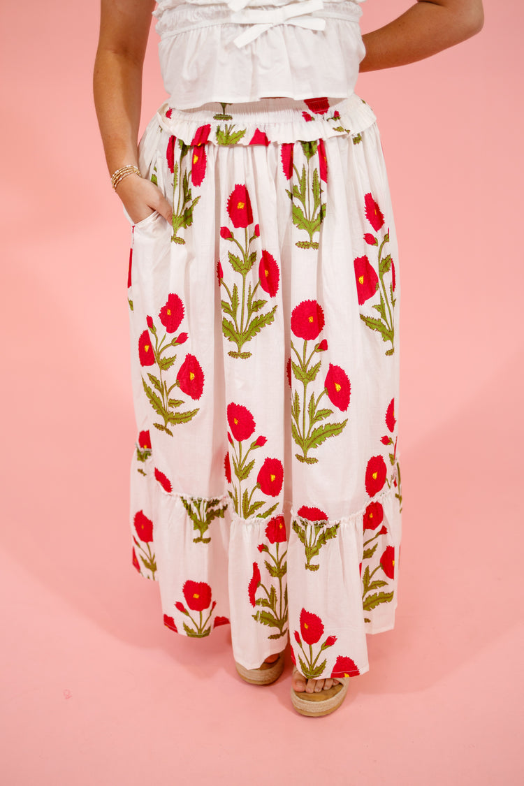 Pink Floral Ruffle Maxi Skirt