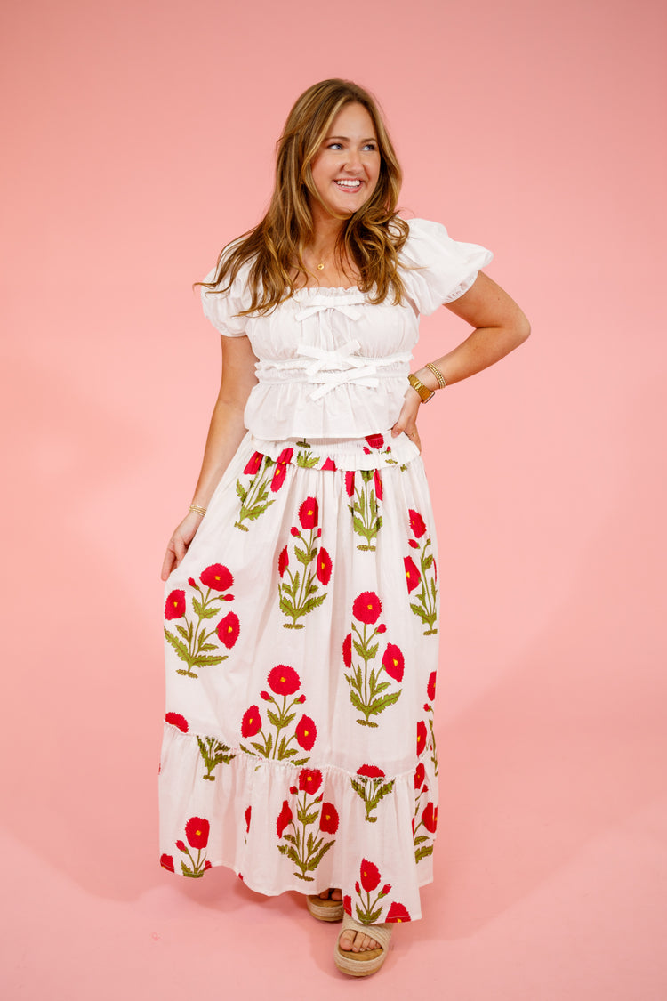 Pink Floral Ruffle Maxi Skirt