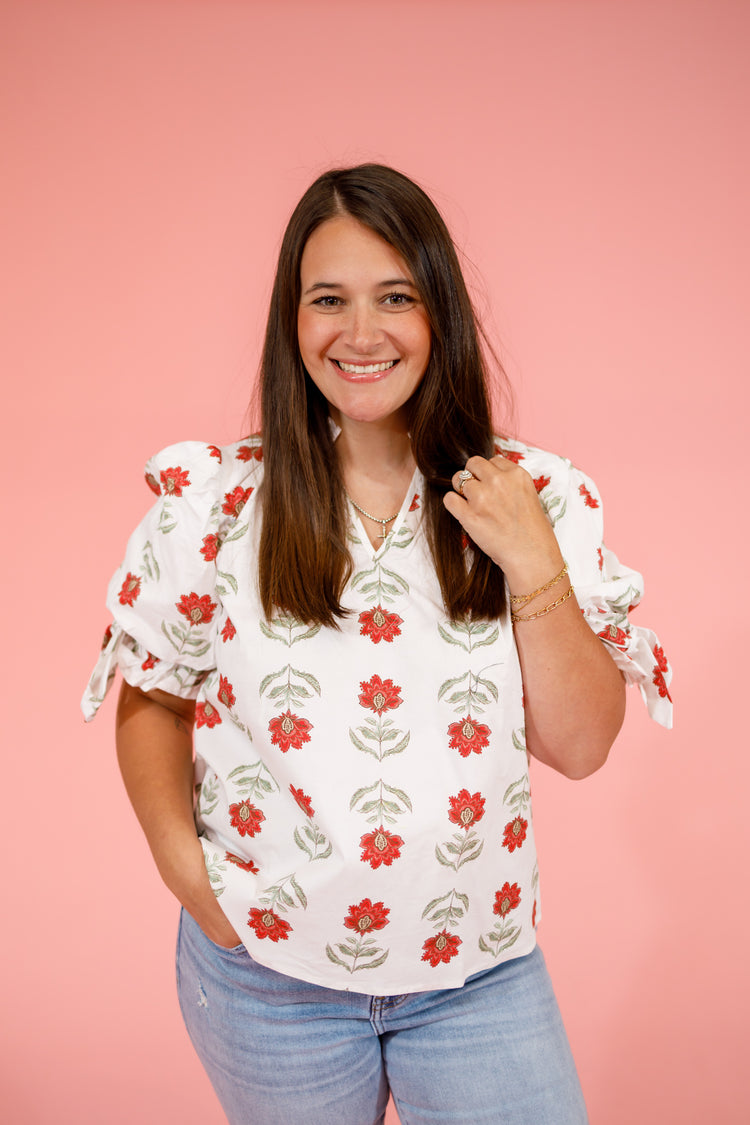 Off White Floral Split Neck Top