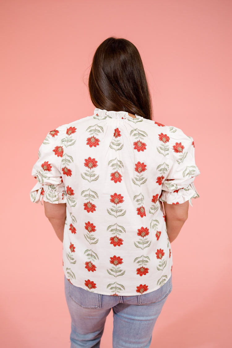 Off White Floral Split Neck Top