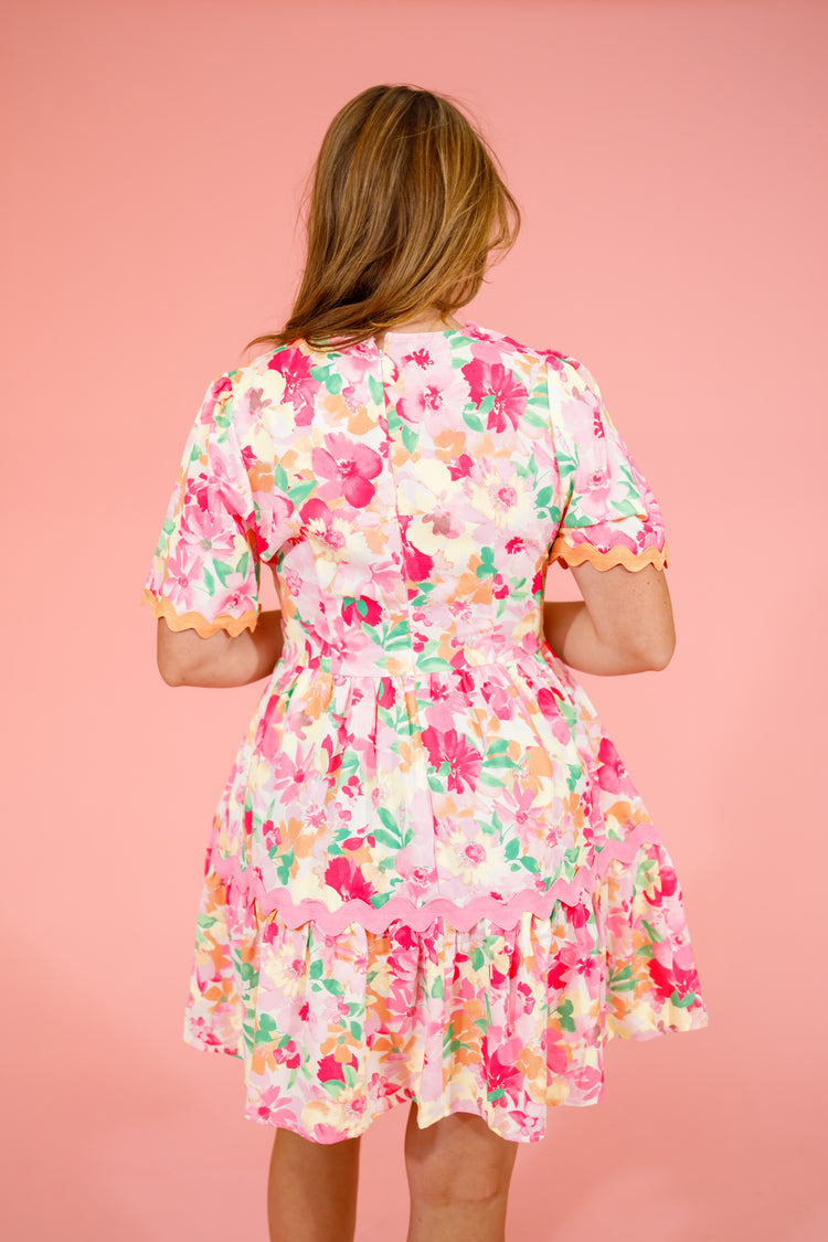 Pink Floral Trim Dress, S-3XL