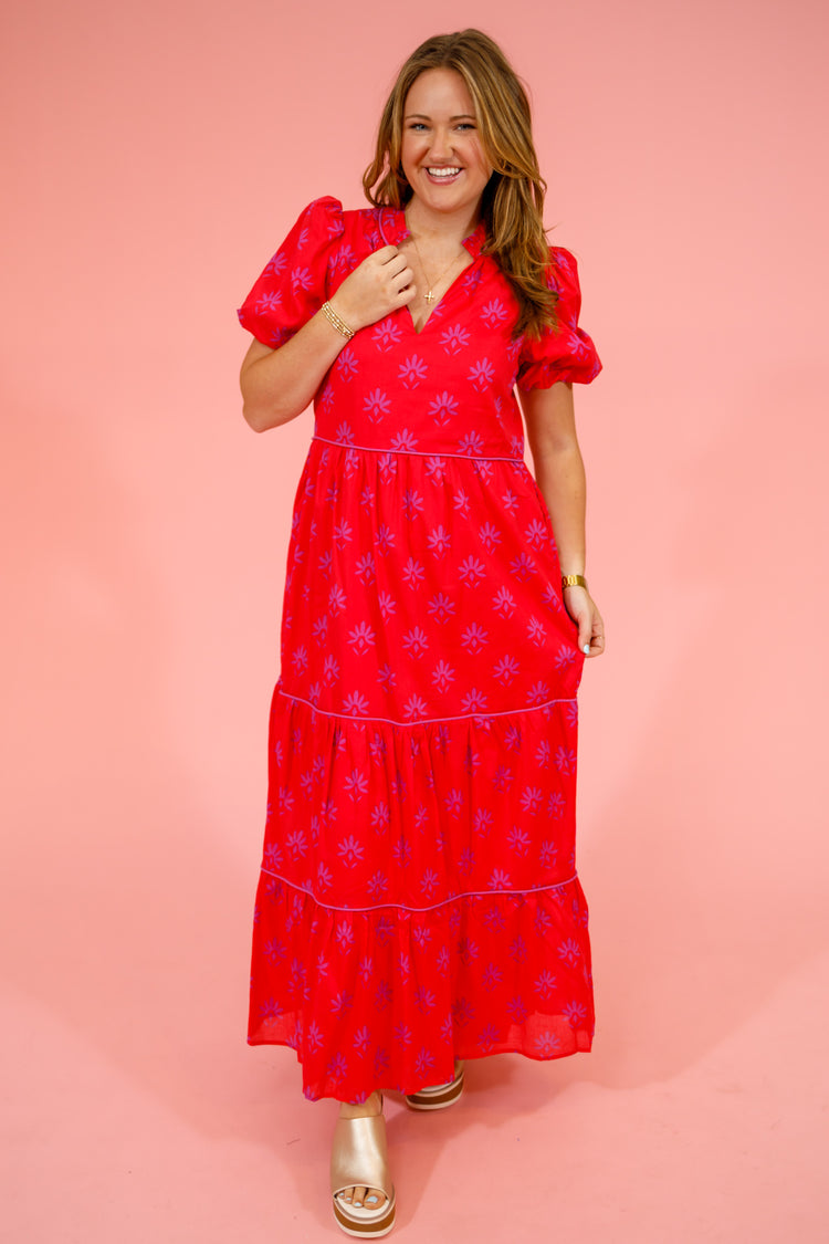 Berry Floral Puff Sleeve Maxi Dress