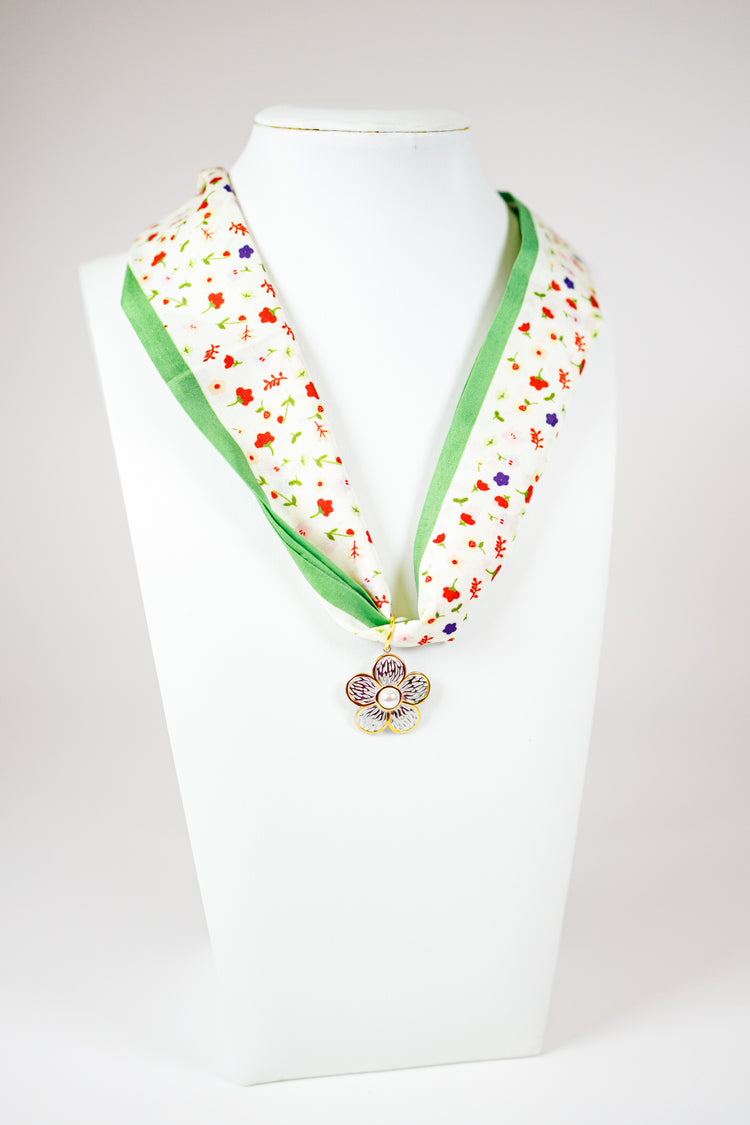HD Green Floral Silver Flower Scarf Necklace