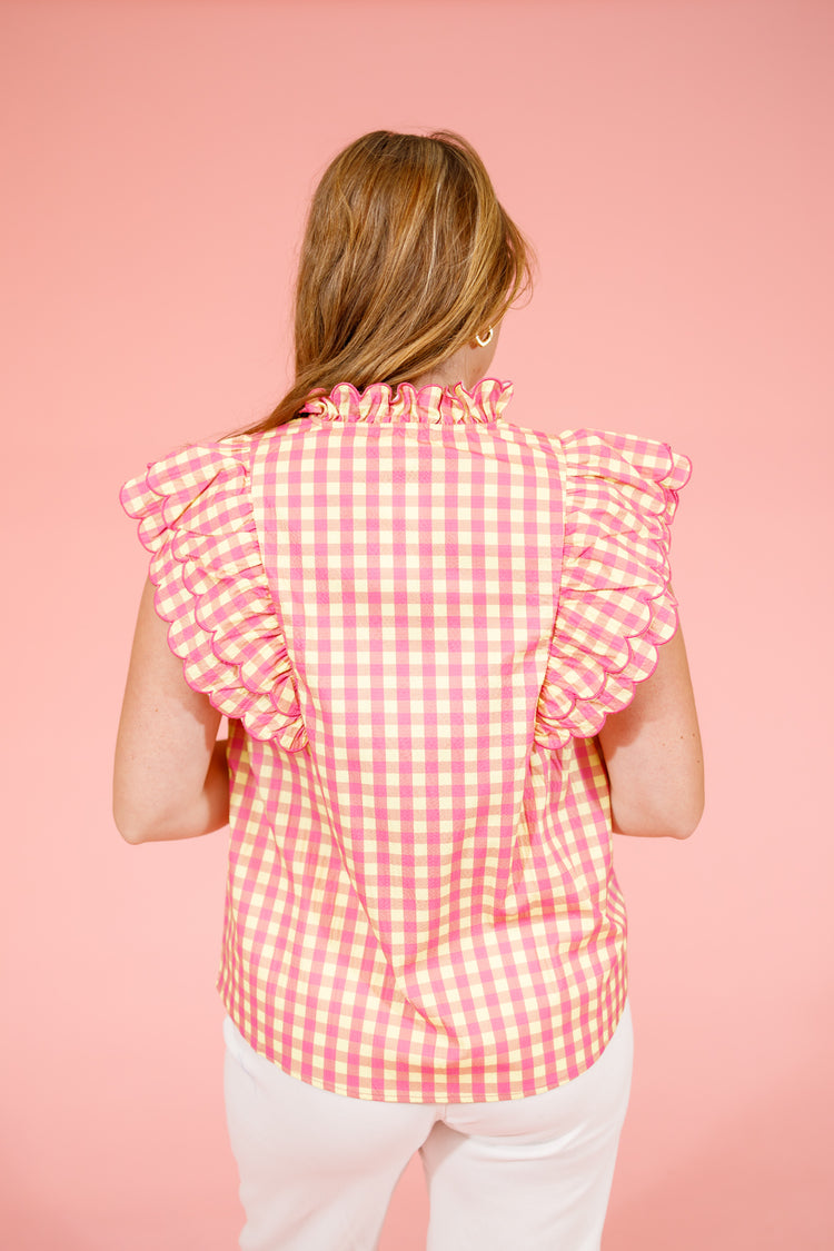 Pink and Lime Gingham Scallop Sleeve Top