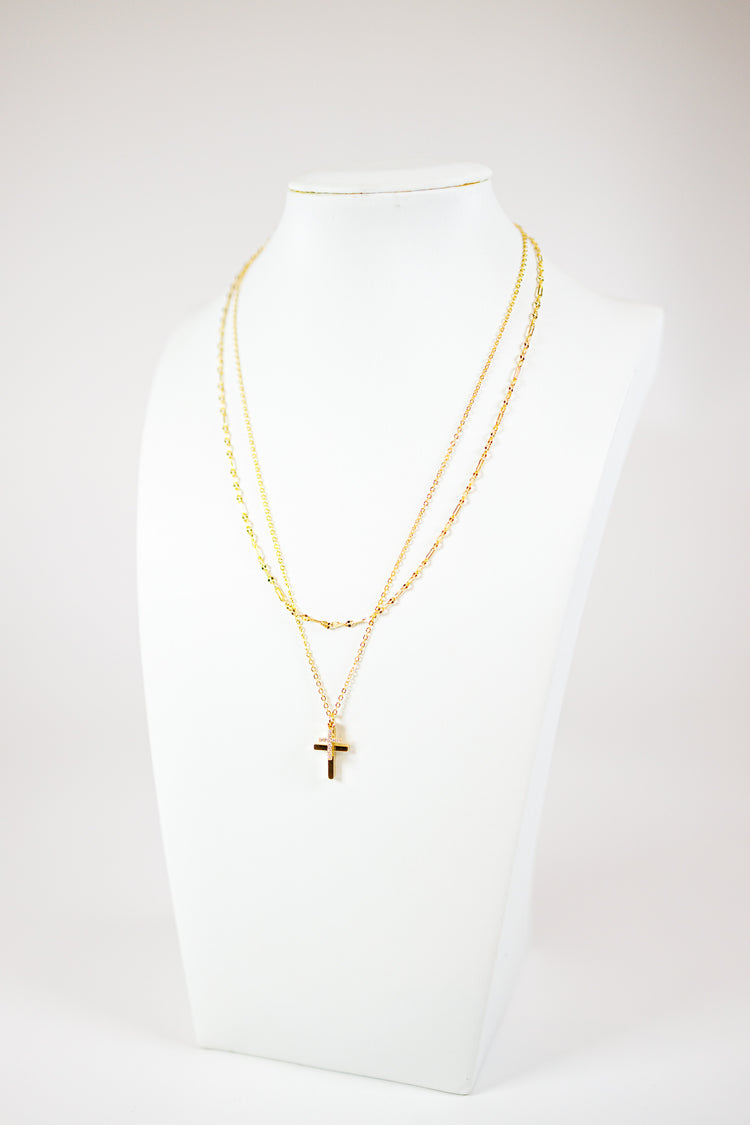 Layered Pave CZ & Cross Pendant Necklace
