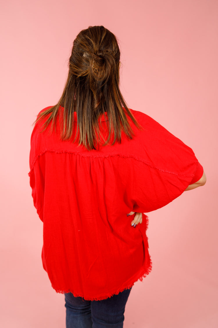 Red Frayed Boxy Collared Top, S-2XL