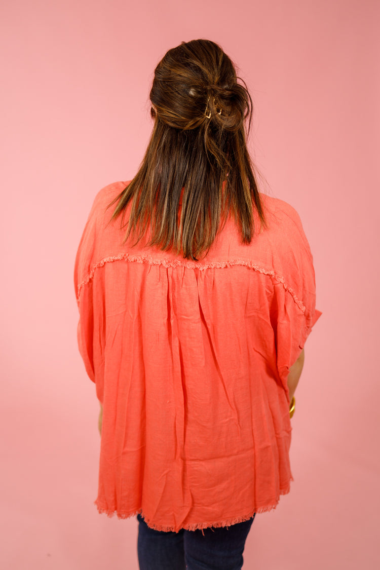 Coral Frayed Boxy Collared Top