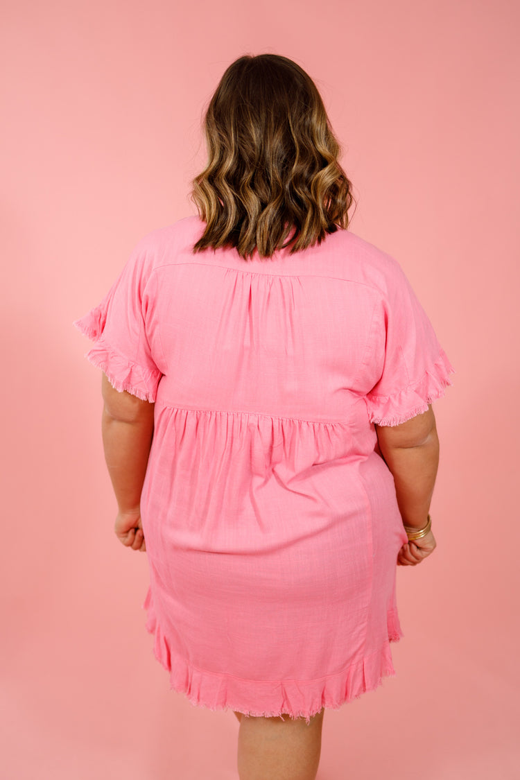 Pink Frayed Trim Pocket Dress, S-2XL