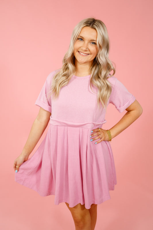 Pink Contrast Pleated Dress