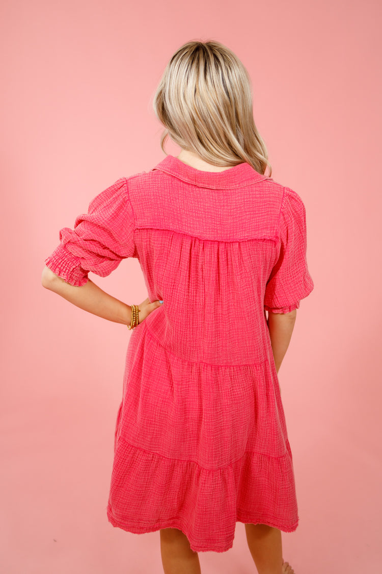 Hot Pink Washed Gauze Dress, S-2XL
