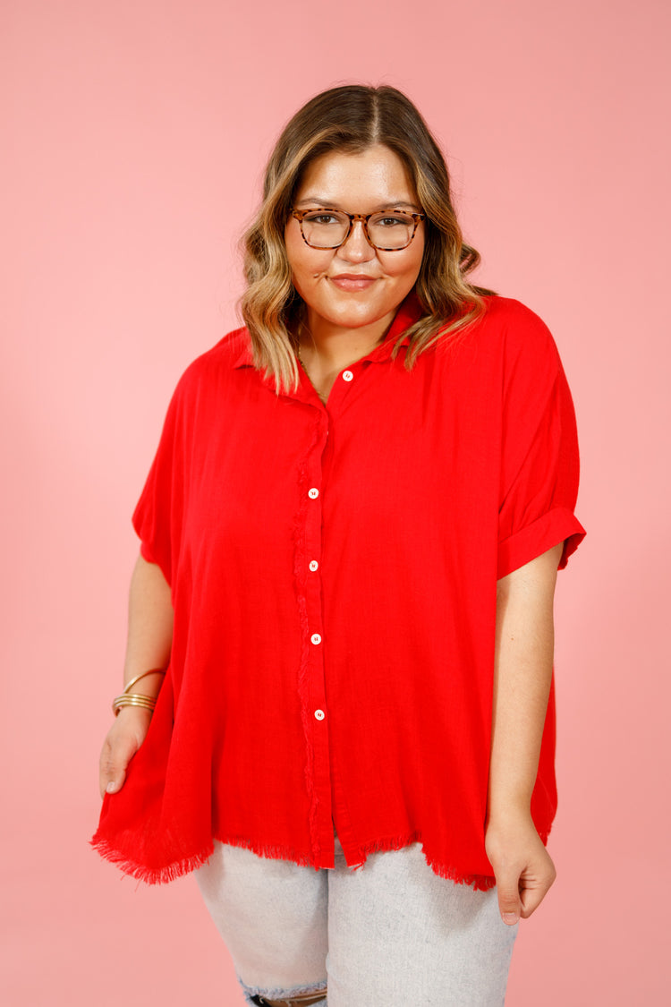 Red Frayed Boxy Collared Top, S-2XL