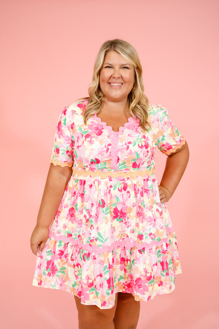 Pink Floral Trim Dress, S-3XL
