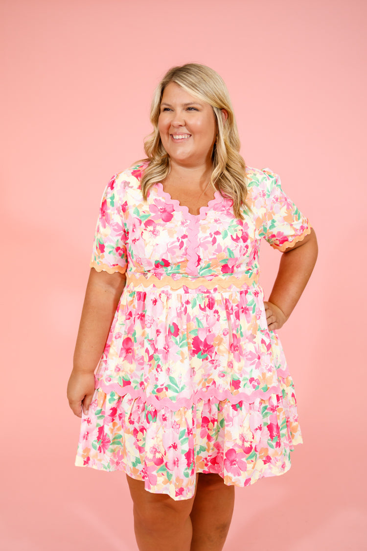 Pink Floral Trim Dress, S-3XL