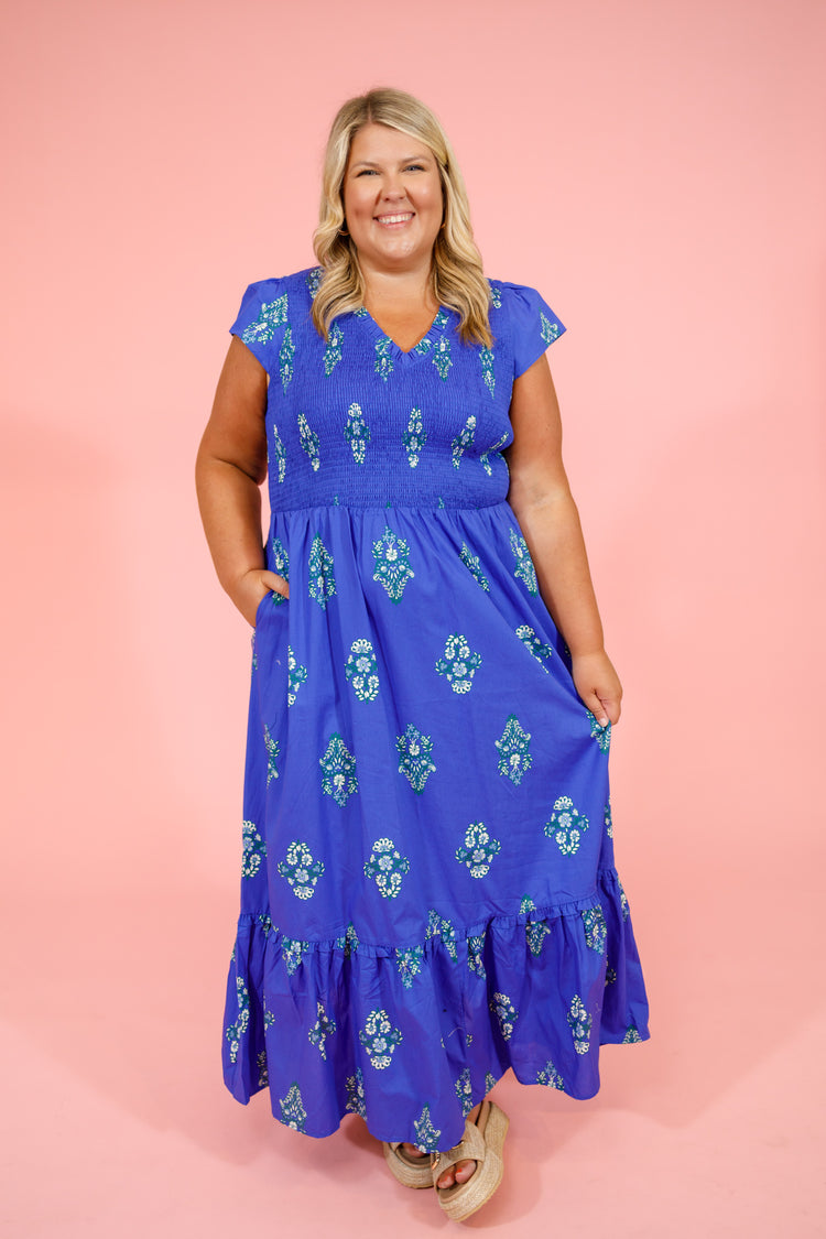 Curvy Blue Floral Smocked Midi Dress