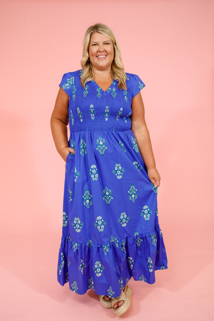 Curvy Blue Floral Smocked Midi Dress