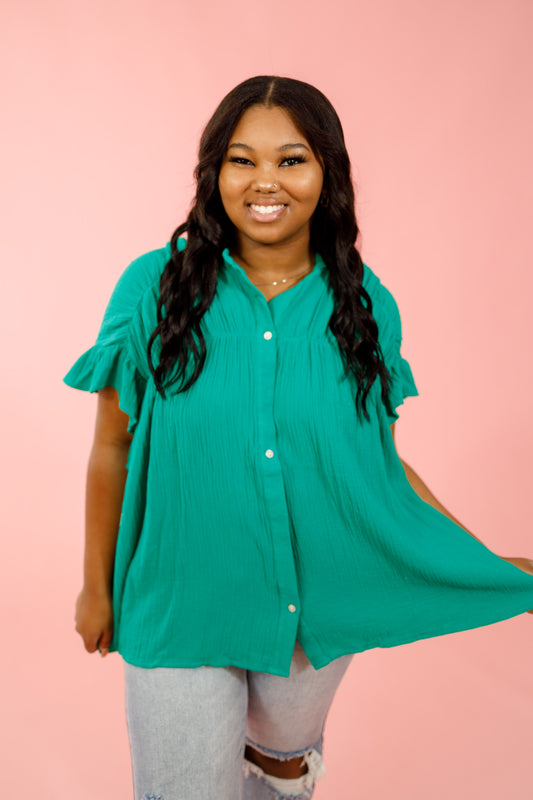 Wrinkled Gauze Button Top, KELLY GREEN