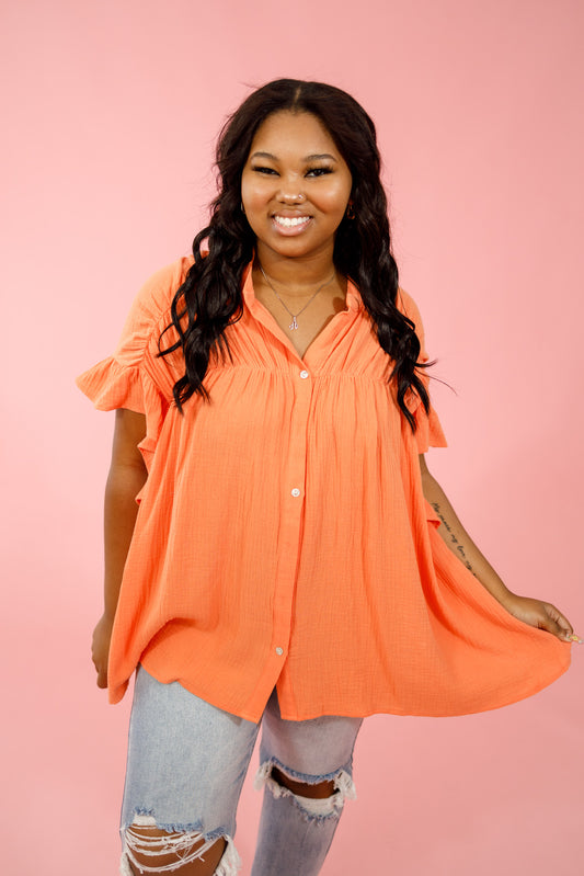 Wrinkled Gauze Button Top, CORAL