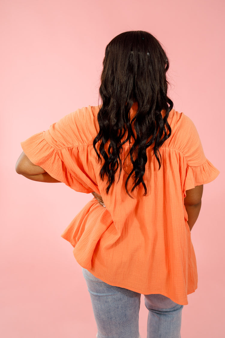 Wrinkled Gauze Button Top, CORAL