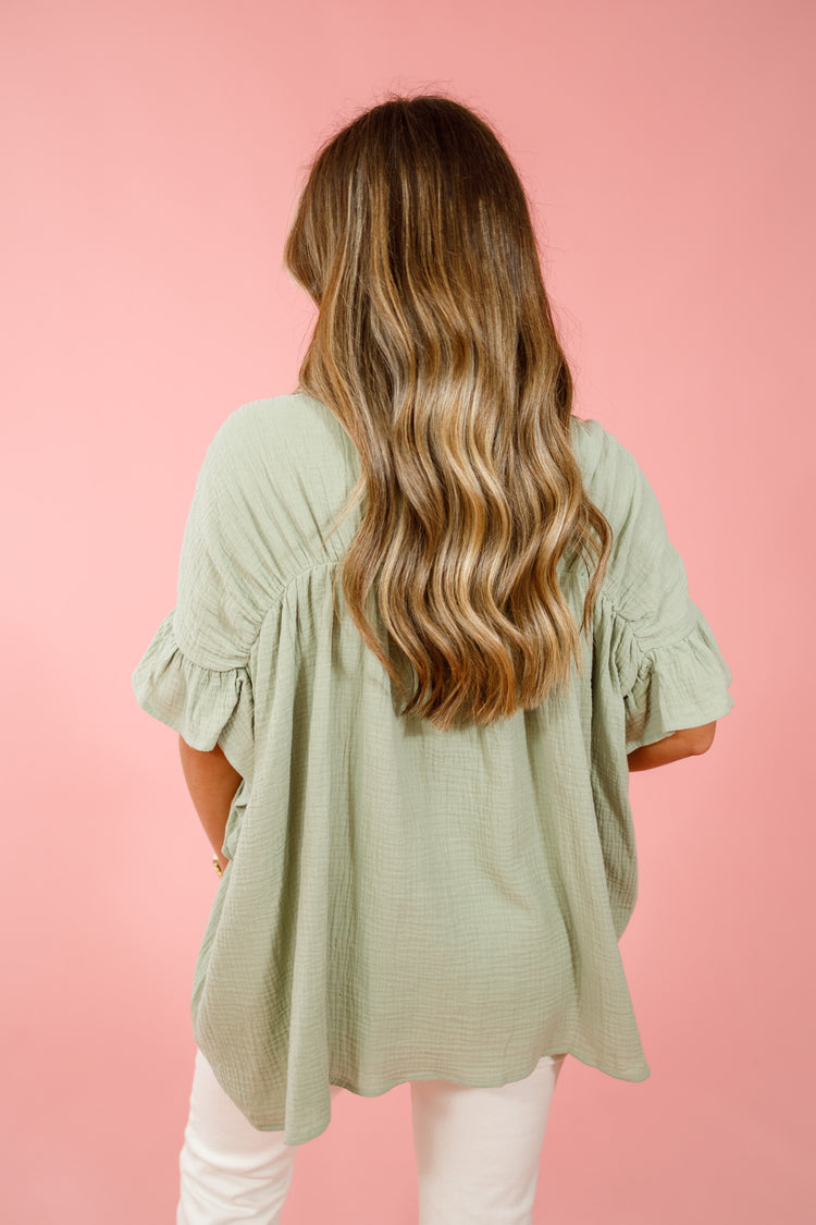 Wrinkled Gauze Button Top, DUSTY SAGE