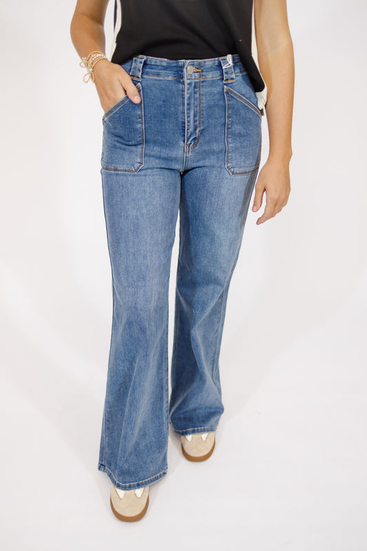 JBD Medium Wash Wide Leg Flare Jeans