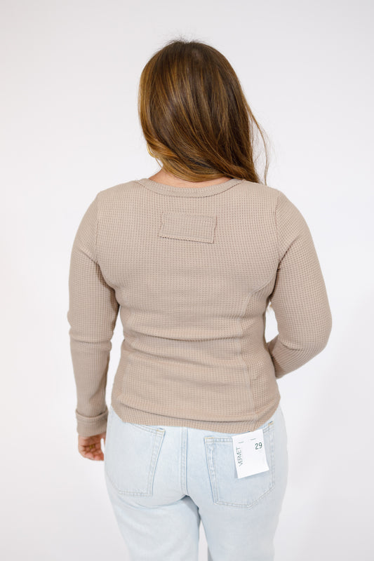 Mocha Waffle Knit Button Top
