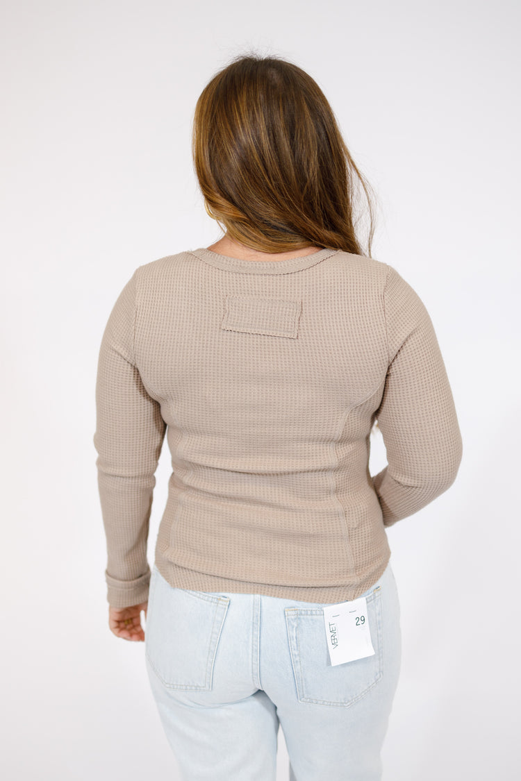 Mocha Waffle Knit Button Top